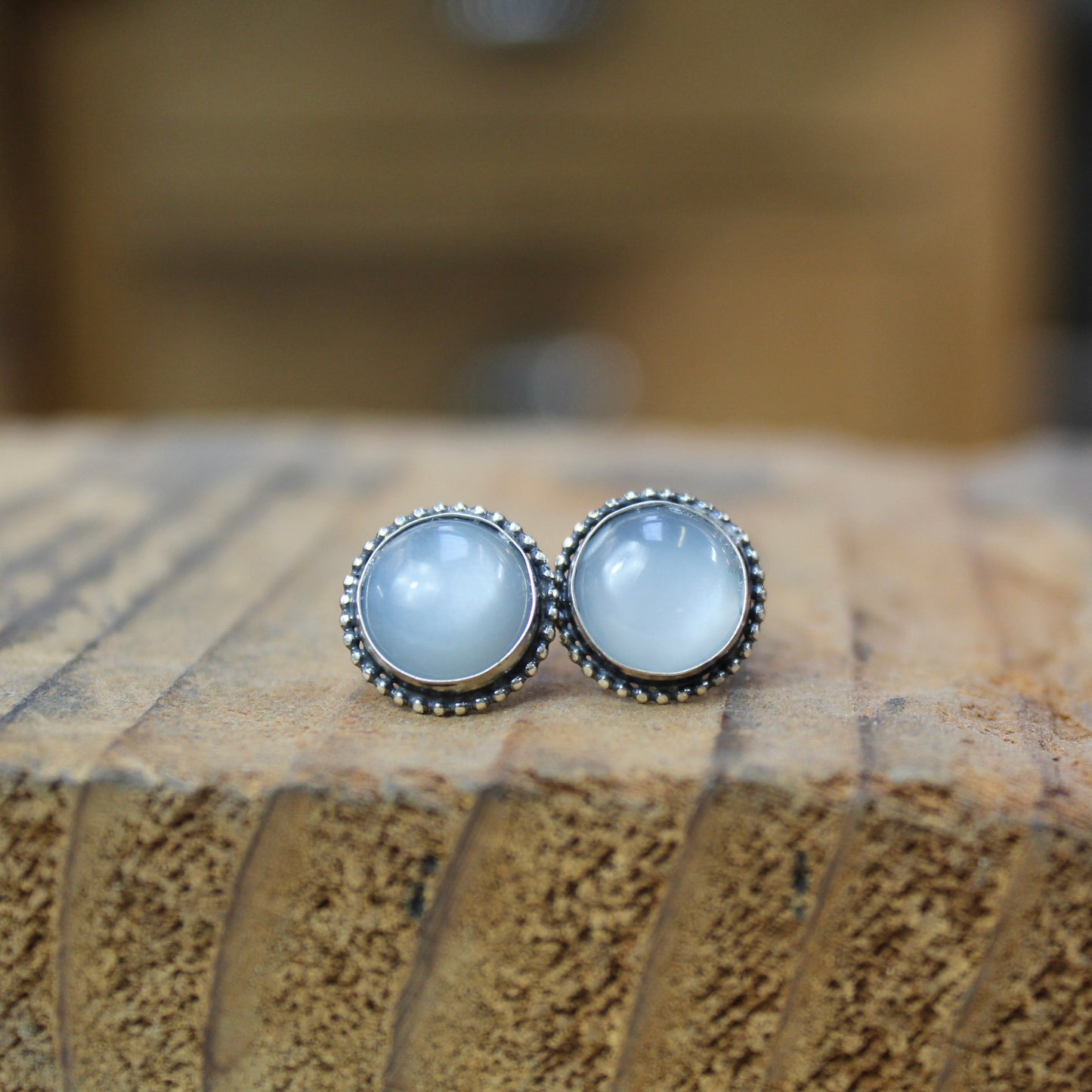 Sterling Silver and Grey-White Moonstone Post Earrings