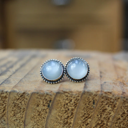 Sterling Silver and Grey-White Moonstone Post Earrings