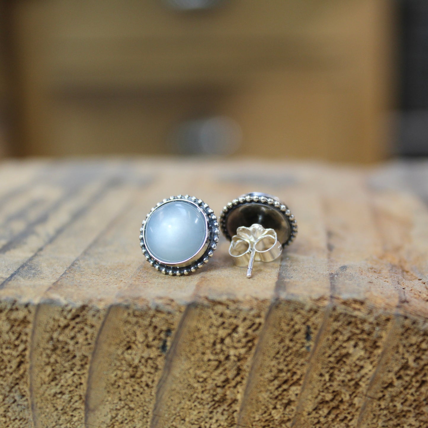 Sterling Silver and Grey-White Moonstone Post Earrings