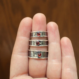 Rose Cut Garnet Bezel Set in a Hefty Sterling Silver Band - Unisex Modern Design Garnet Band Ring