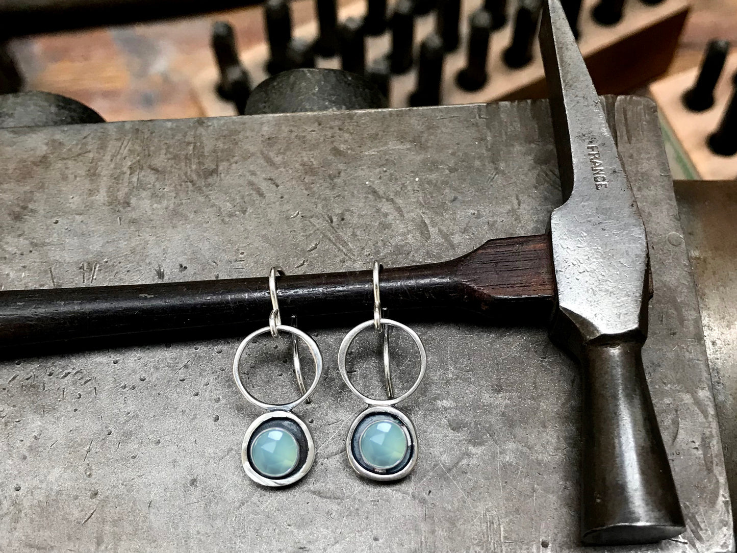 Modern Aqua Blue Chalcedony Earrings - Modern Design Earrings with Rose Cut Chalcedony