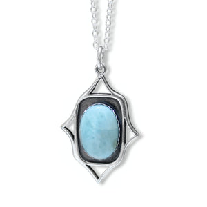 Rococo Style Larimar Pendant - Sterling Silver Gemstone Pendant with Decorative Elements on Adjustable Chain