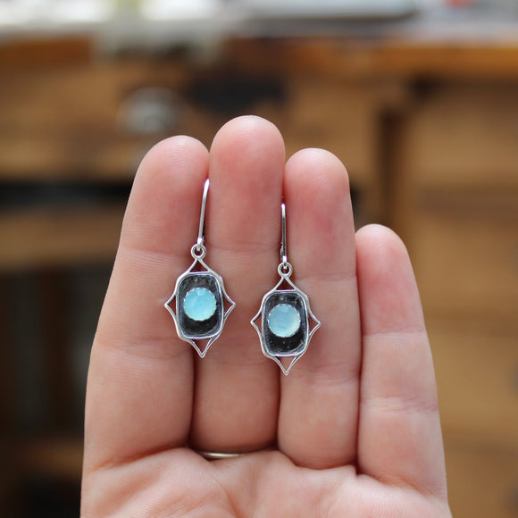 Sterling Silver Rococo Style Earrings with Bezel Set Blue Chalcedony - Gemstone Dangle Earrings