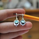 Sterling Silver Rococo Style Earrings with Bezel Set Blue Chalcedony - Gemstone Dangle Earrings