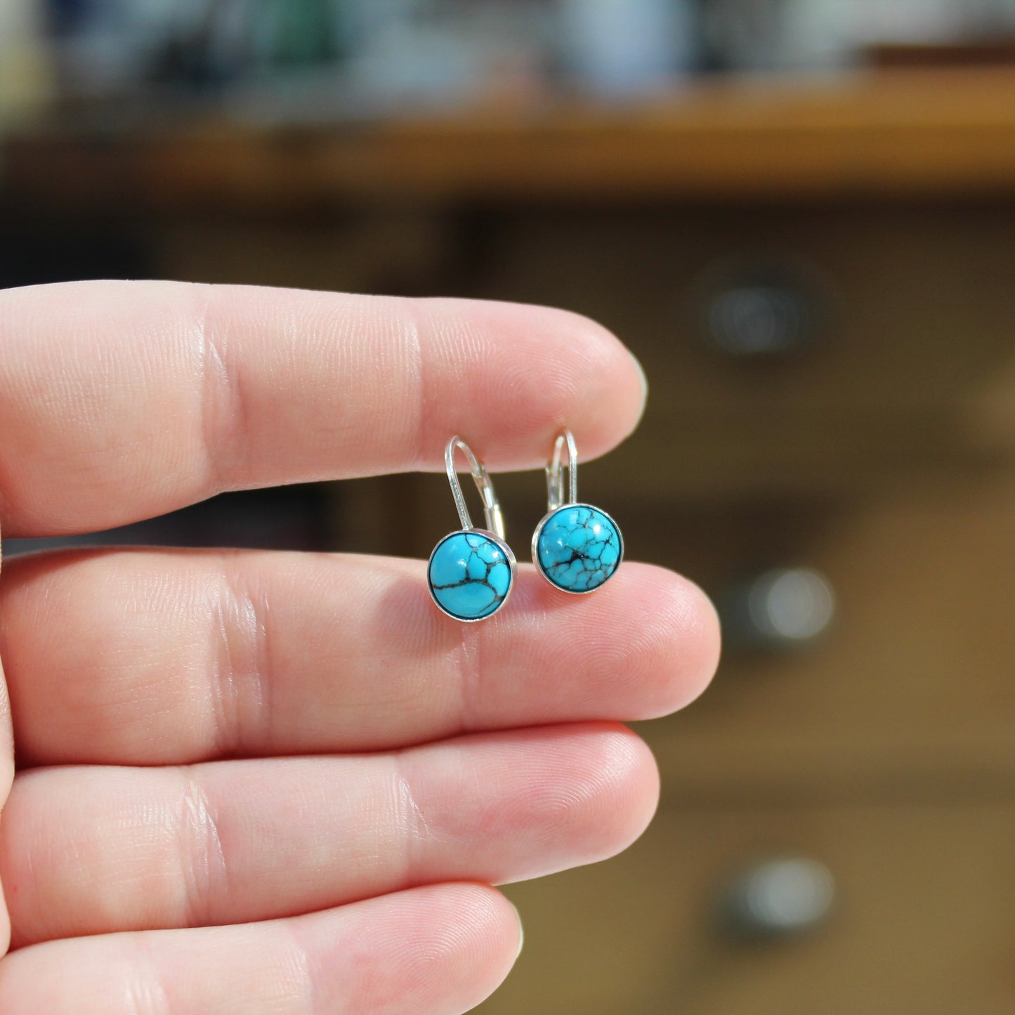 Turquoise and Sterling Silver Lever Back Earrings