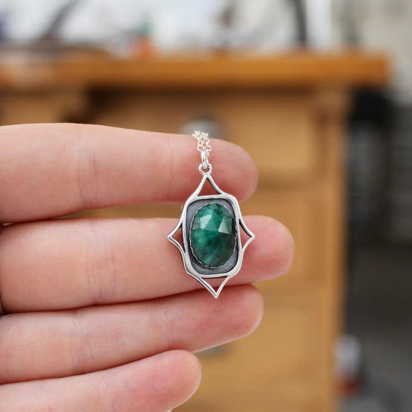 Rococo Style Rose Cut Emerald Pendant - Sterling Silver Gemstone Pendant with Decorative Elements on Adjustable Chain