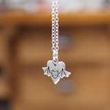 Sterling Silver Little Bat and Heart-Shaped Necklace - Bat Charm on Adjustable Chain