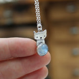 Cat on the Moon Pendant - Sterling Silver and Moonstone Cat Necklace