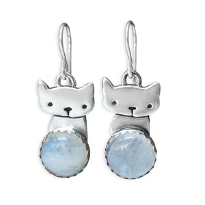 Cat on the Moon Earrings - Sterling Silver and Moonstone Kitten Earrings