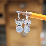 Cat on the Moon Earrings - Sterling Silver and Moonstone Kitten Earrings