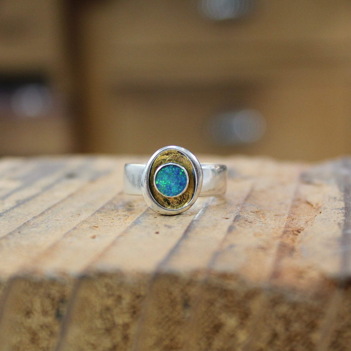 Sterling Silver, 24k Gold and Boulder Opal Ring