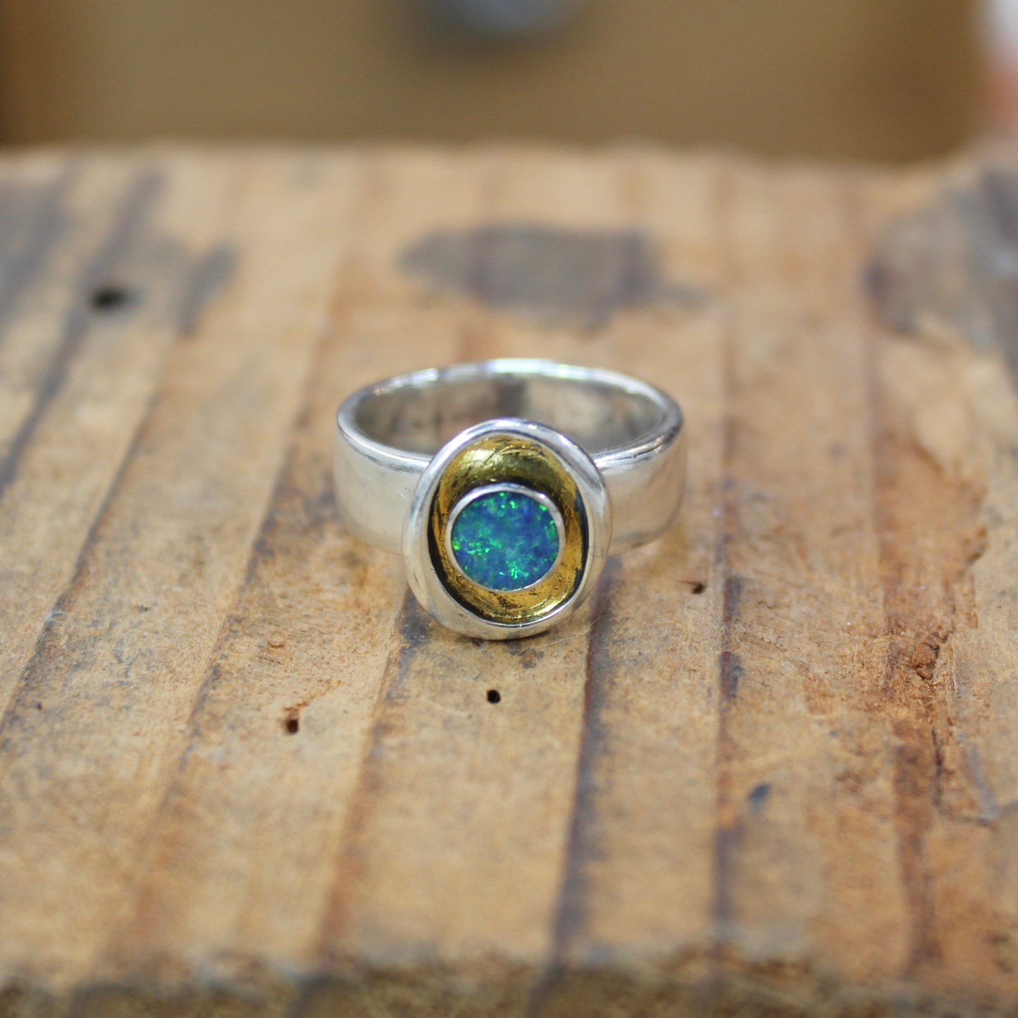 Sterling Silver, 24k Gold and Boulder Opal Ring