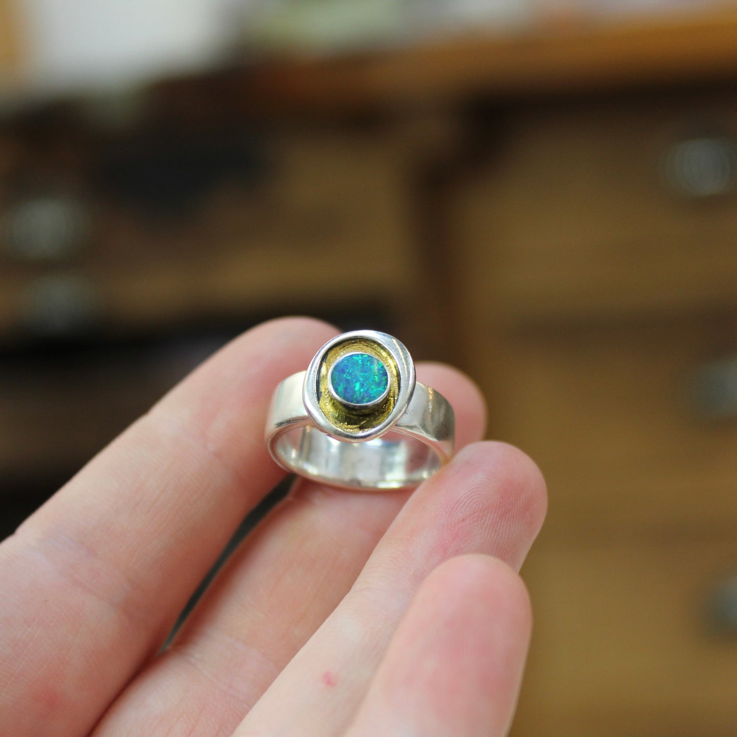 Sterling Silver, 24k Gold and Boulder Opal Ring