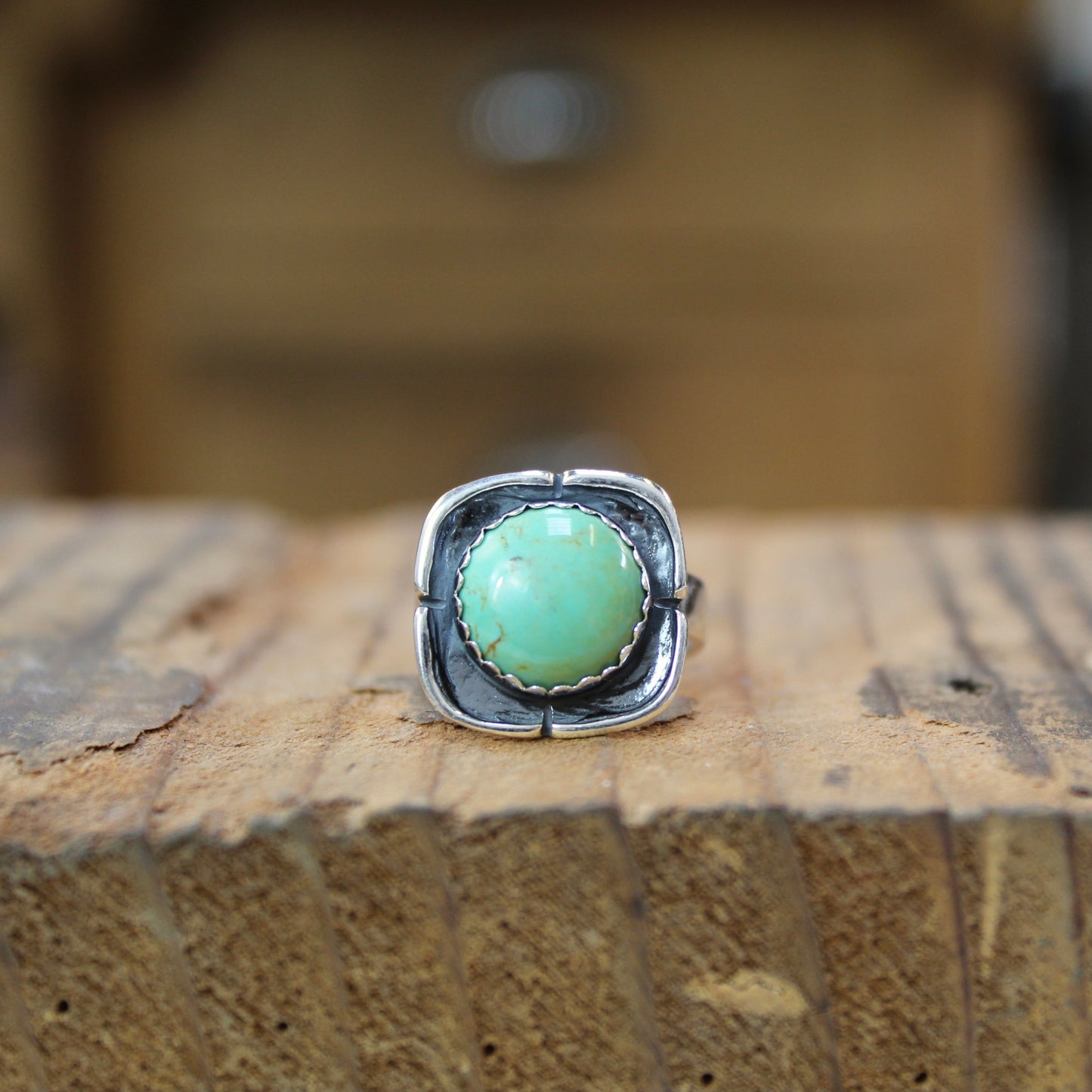 Sterling Silver and Blue Green Kingman Turquoise Ring - Southwest Shadowbox Style