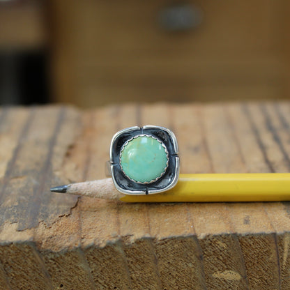 Sterling Silver and Blue Green Kingman Turquoise Ring - Southwest Shadowbox Style