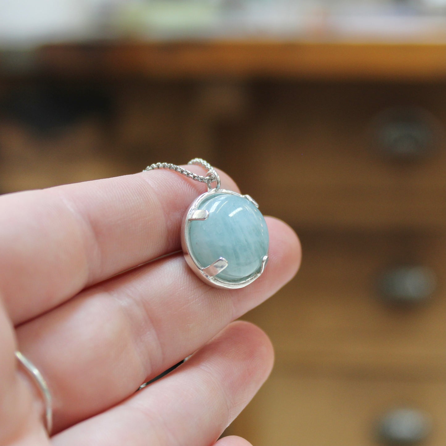 Prong Set Aquamarine In Sterling Silver on Box Chain