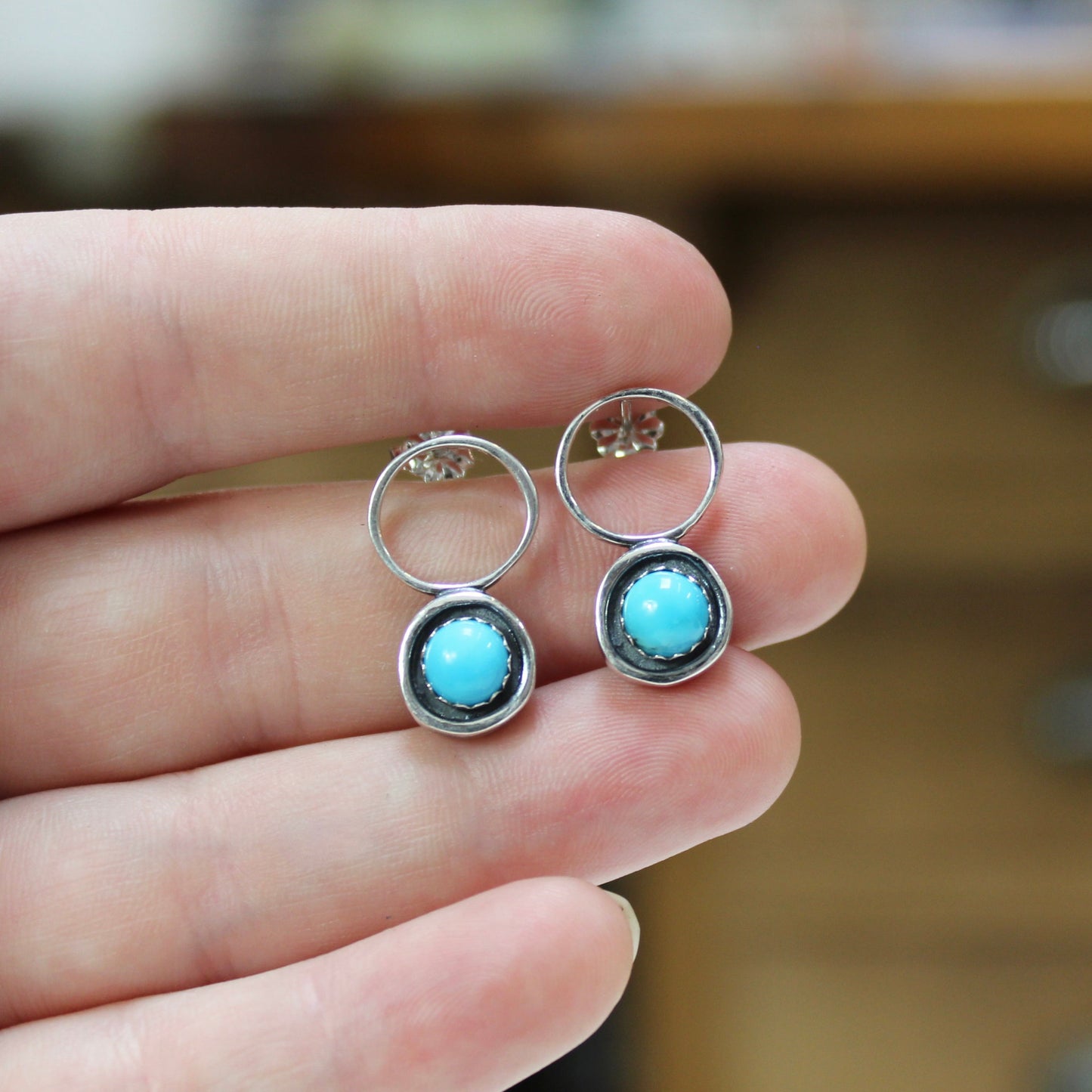 Modern Southwest Style Sterling and Turquoise Post Earrings