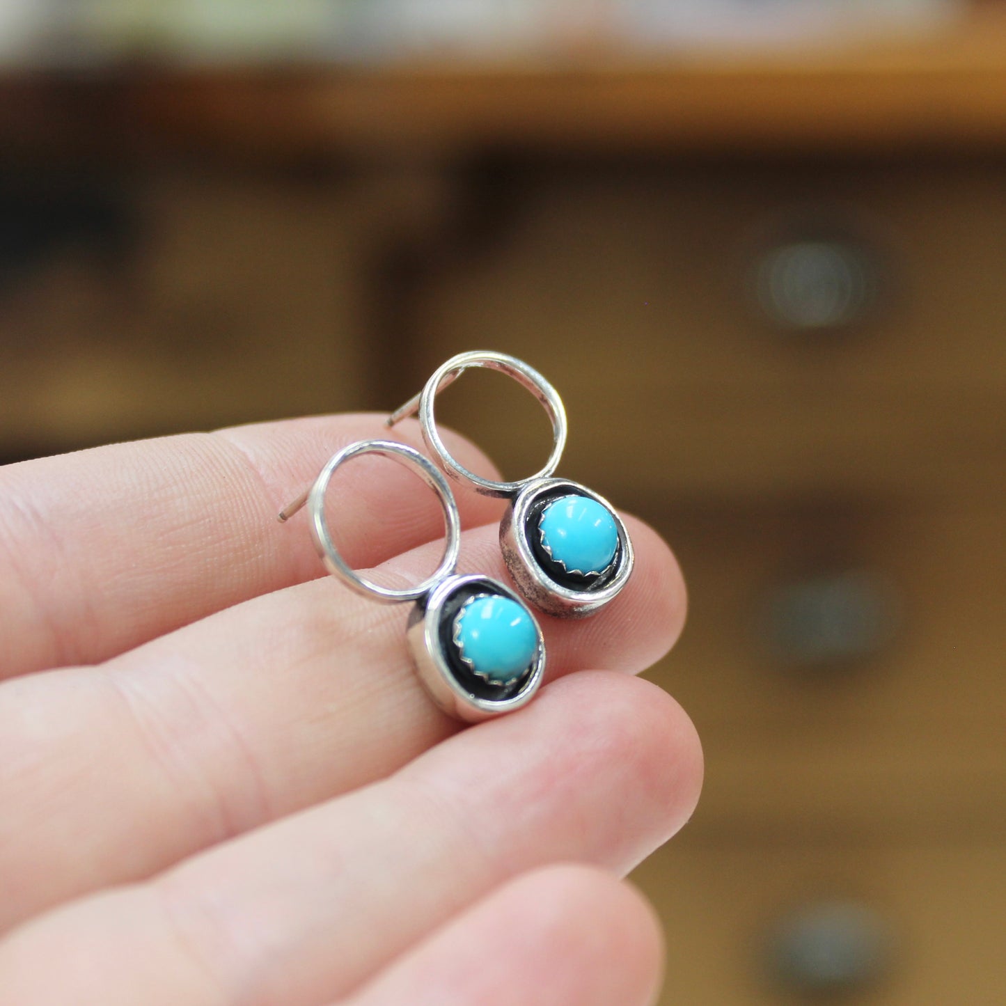 Modern Southwest Style Sterling and Turquoise Post Earrings