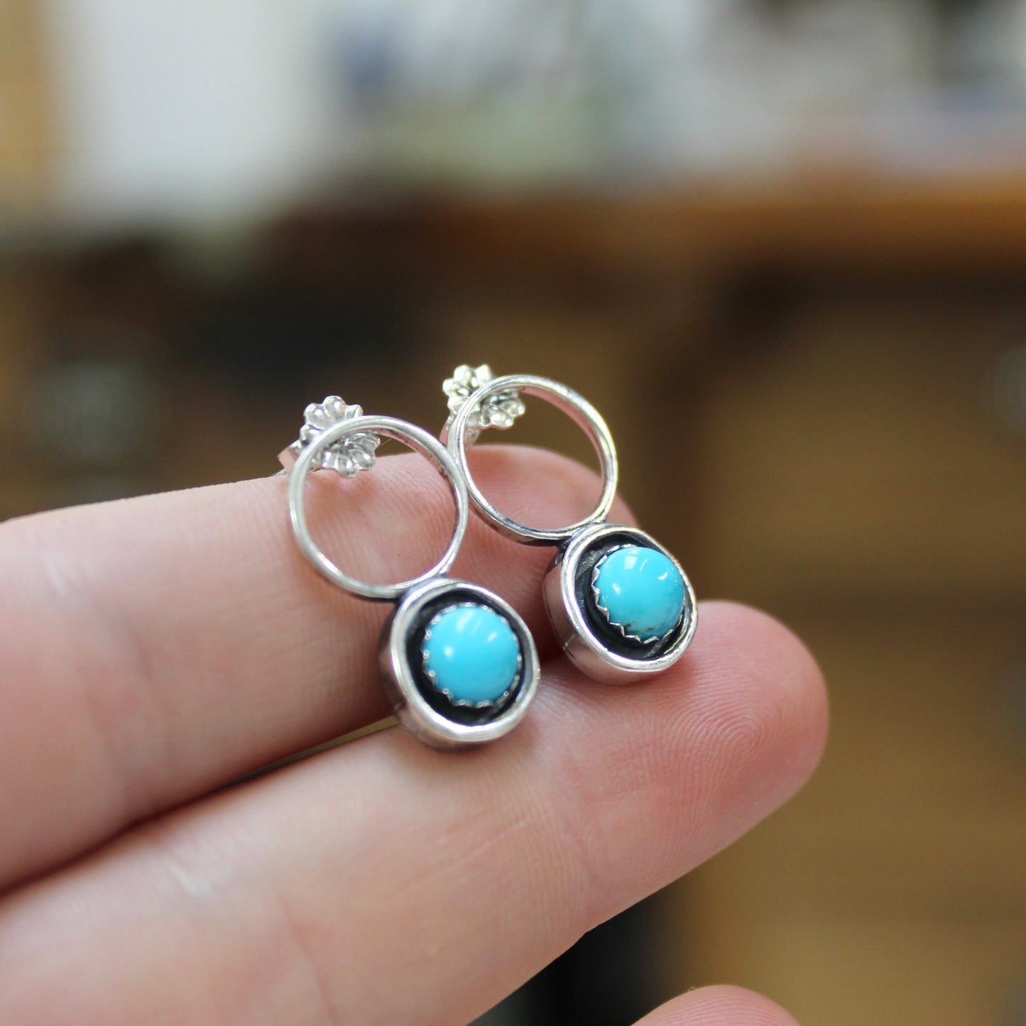 Modern Southwest Style Sterling and Turquoise Post Earrings