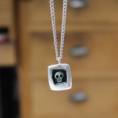Black and White Skull Necklace - Sterling Silver and Enamel Skull Pendant on 24" Stainless Steel Chain - Unisex Jewelry