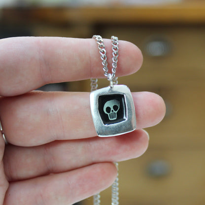 Black and White Skull Necklace - Sterling Silver and Enamel Skull Pendant on 24" Stainless Steel Chain - Unisex Jewelry