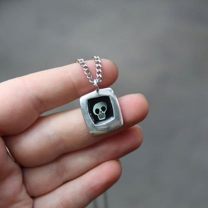 Black and White Skull Necklace - Sterling Silver and Enamel Skull Pendant on 24" Stainless Steel Chain - Unisex Jewelry