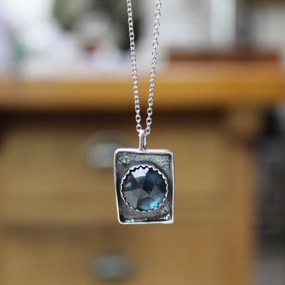 Rustic Rose Cut Teal Kyanite Box Pendant on Adjustable Stainless Steel Chain