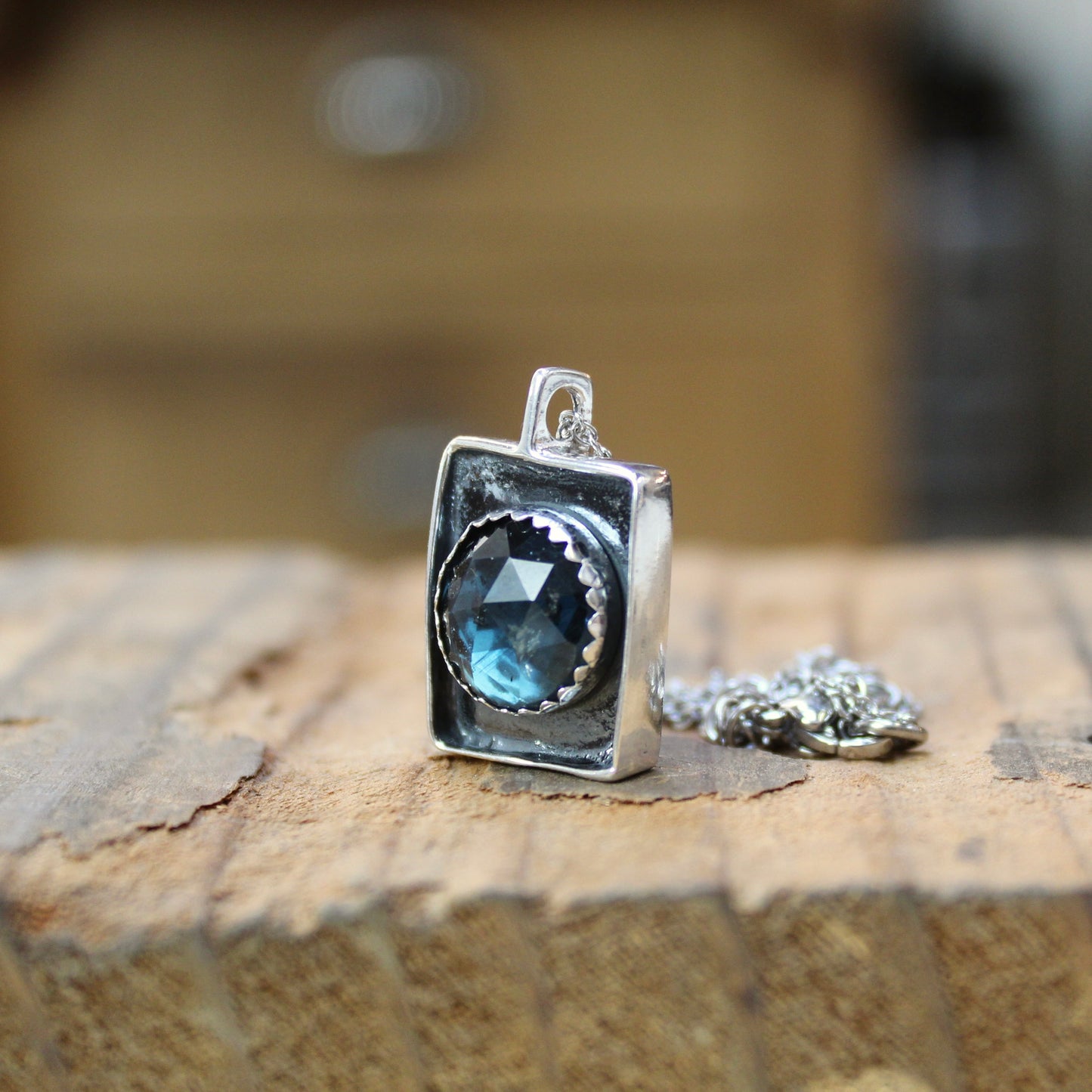 Rustic Rose Cut Teal Kyanite Box Pendant on Adjustable Stainless Steel Chain