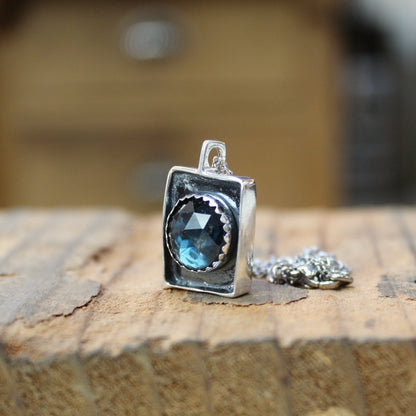 Rustic Rose Cut Teal Kyanite Box Pendant on Adjustable Stainless Steel Chain