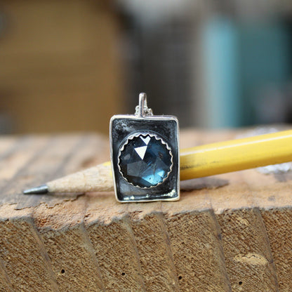 Rustic Rose Cut Teal Kyanite Box Pendant on Adjustable Stainless Steel Chain