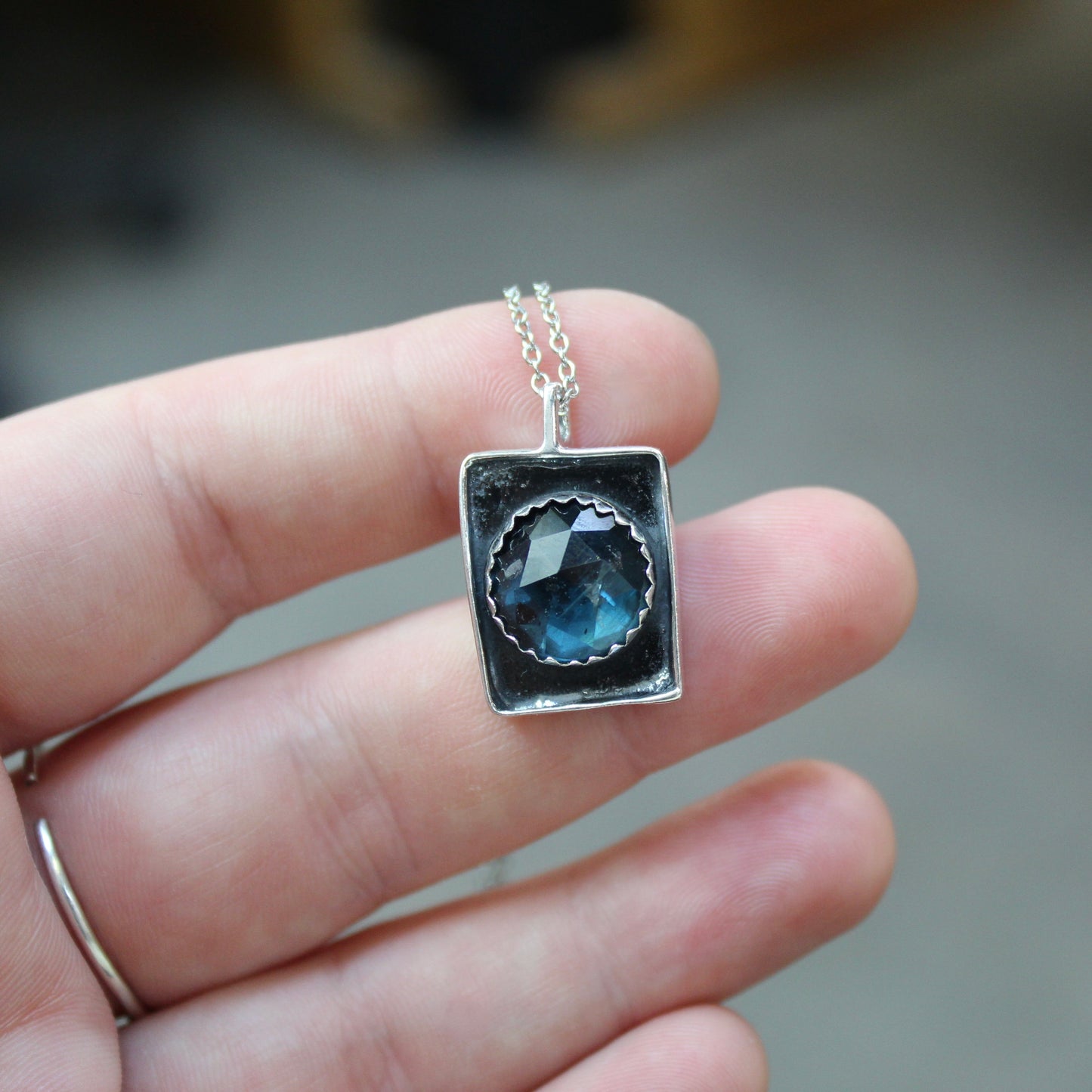 Rustic Rose Cut Teal Kyanite Box Pendant on Adjustable Stainless Steel Chain