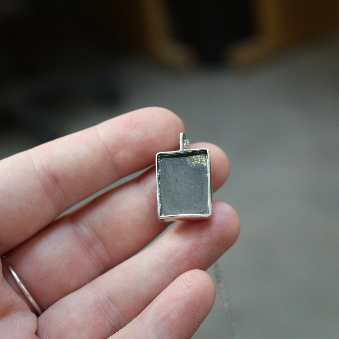 Rustic Rose Cut Teal Kyanite Box Pendant on Adjustable Stainless Steel Chain