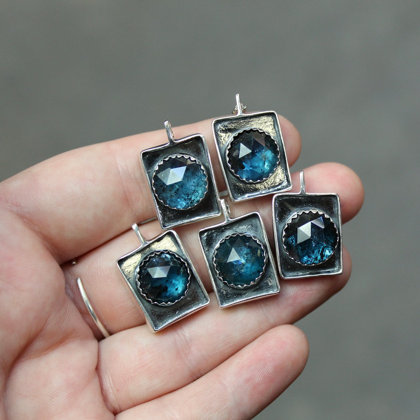 Rustic Rose Cut Teal Kyanite Box Pendant on Adjustable Stainless Steel Chain