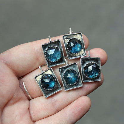 Rustic Rose Cut Teal Kyanite Box Pendant on Adjustable Stainless Steel Chain