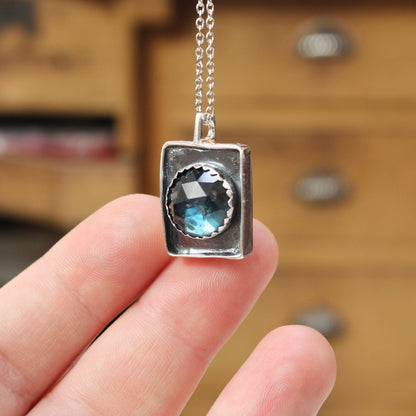 Rustic Rose Cut Teal Kyanite Box Pendant on Adjustable Stainless Steel Chain