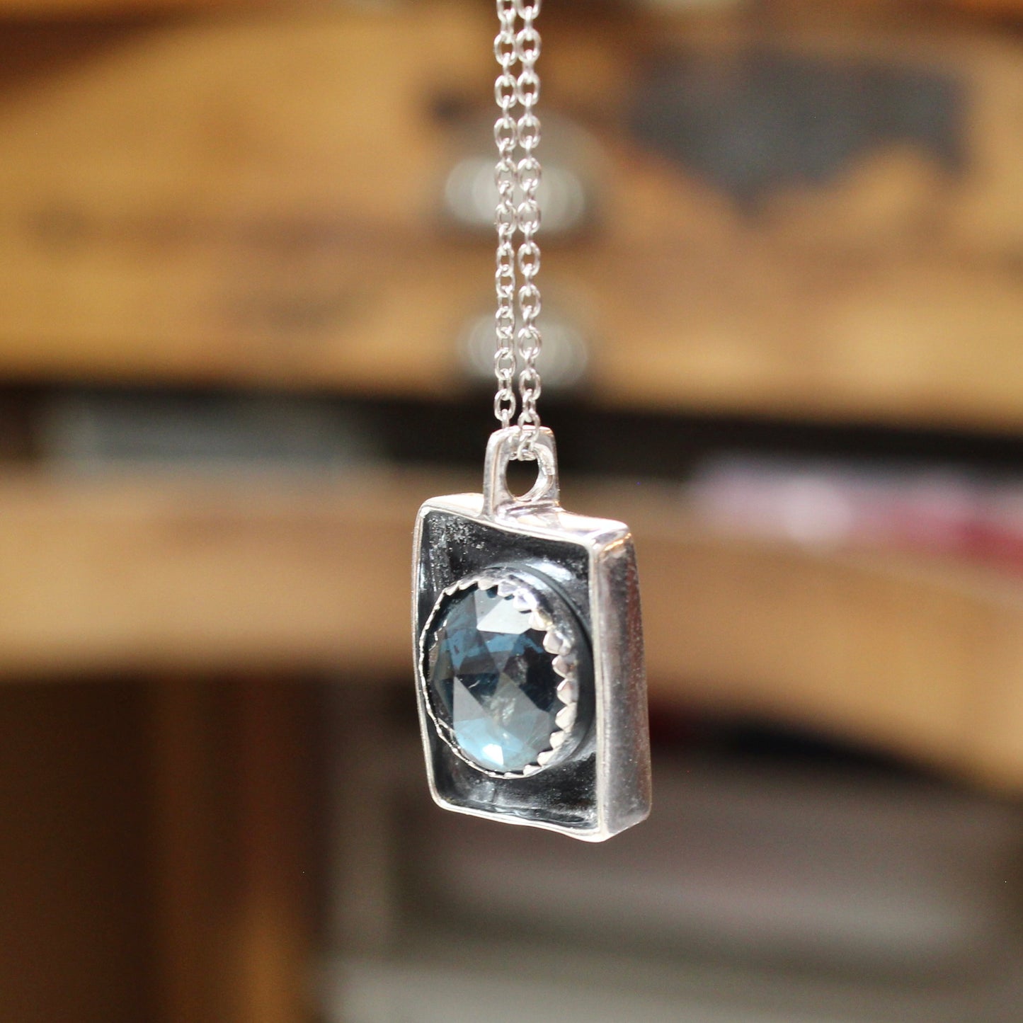 Rustic Rose Cut Teal Kyanite Box Pendant on Adjustable Stainless Steel Chain