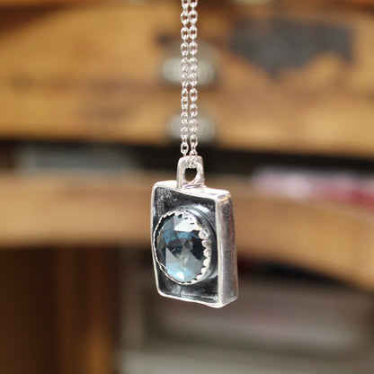 Rustic Rose Cut Teal Kyanite Box Pendant on Adjustable Stainless Steel Chain