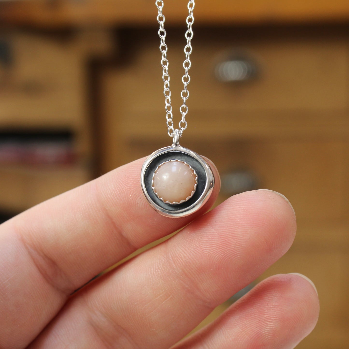 Pink Moonstone Pendant in Sterling Silver Shadow Box Setting
