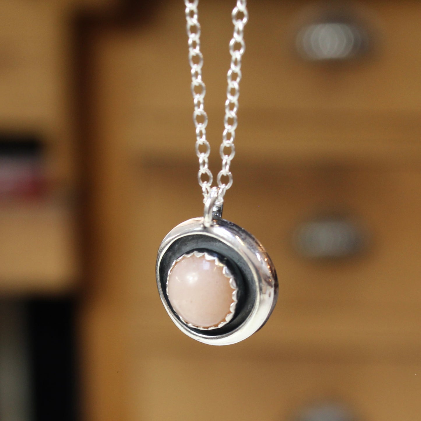 Pink Moonstone Pendant in Sterling Silver Shadow Box Setting