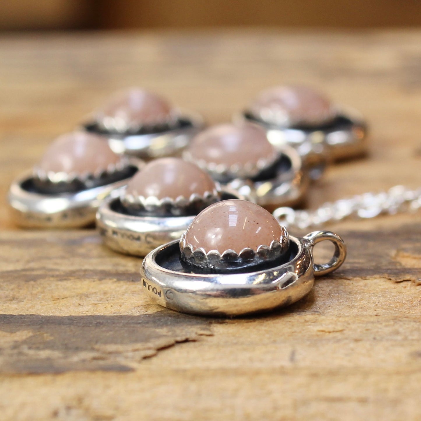 Pink Moonstone Pendant in Sterling Silver Shadow Box Setting