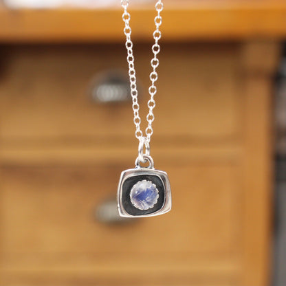 Tiny Blue Moonstone Shadow Box Style Pendant Necklace