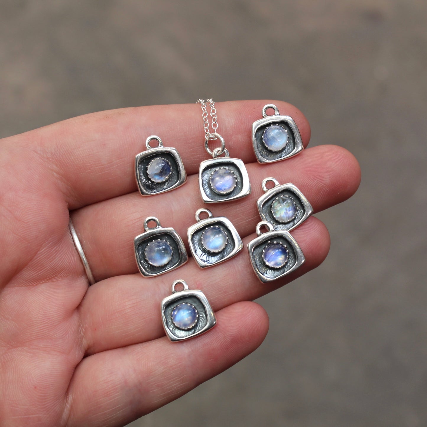 Tiny Blue Moonstone Shadow Box Style Pendant Necklace