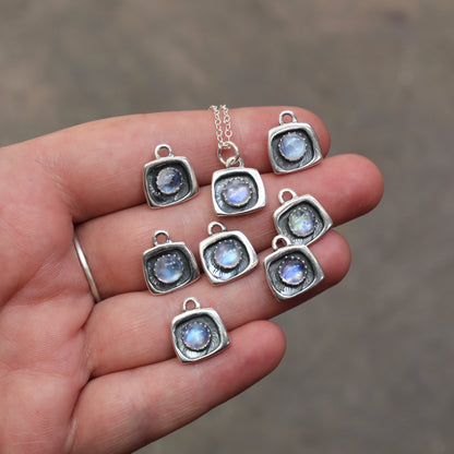 Tiny Blue Moonstone Shadow Box Style Pendant Necklace