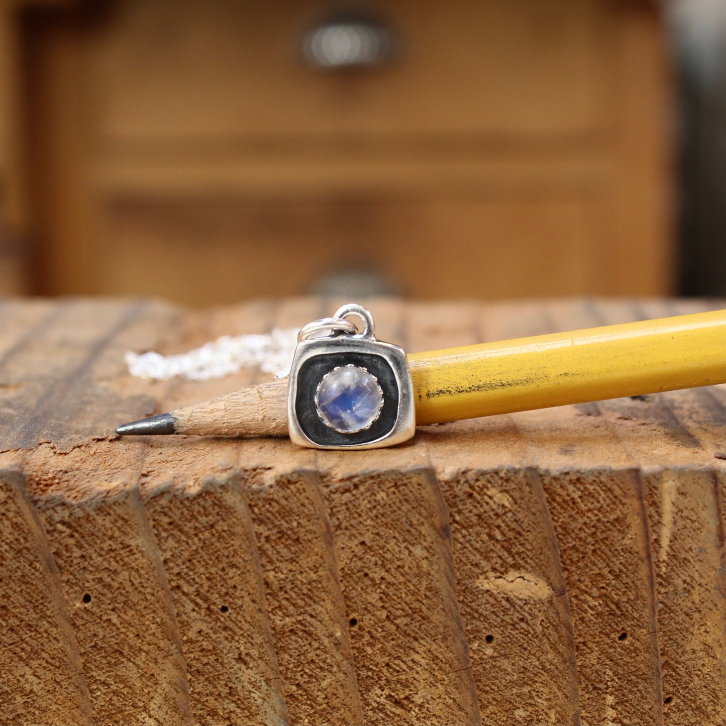 Tiny Blue Moonstone Shadow Box Style Pendant Necklace