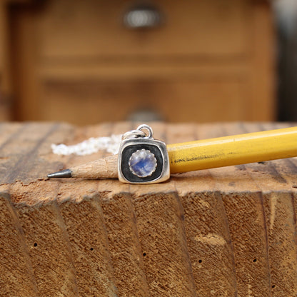 Tiny Blue Moonstone Shadow Box Style Pendant Necklace