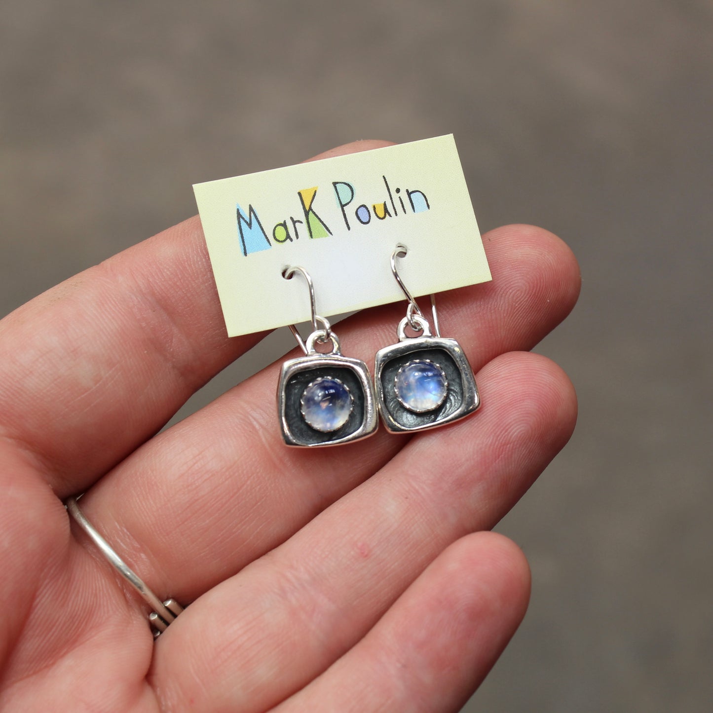 Tiny Blue Moonstone Shadow Box Style Dangle Earrings