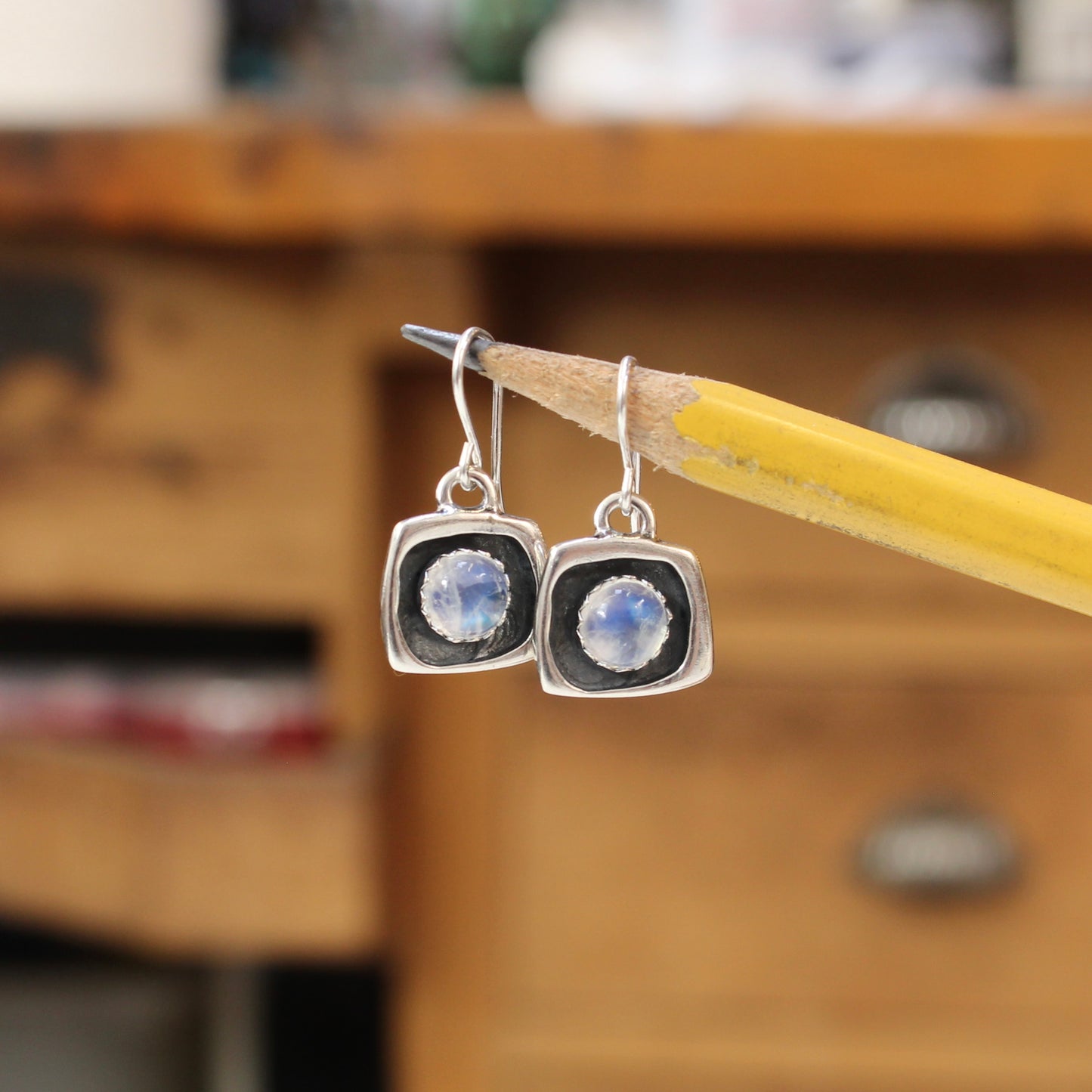 Tiny Blue Moonstone Shadow Box Style Dangle Earrings