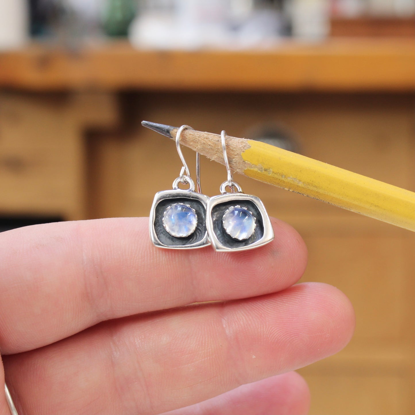 Tiny Blue Moonstone Shadow Box Style Dangle Earrings