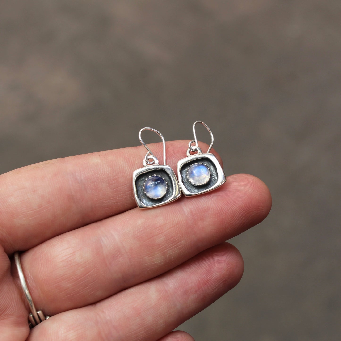 Tiny Blue Moonstone Shadow Box Style Dangle Earrings