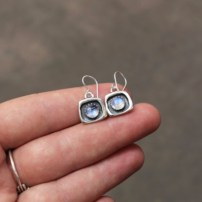 Tiny Blue Moonstone Shadow Box Style Dangle Earrings